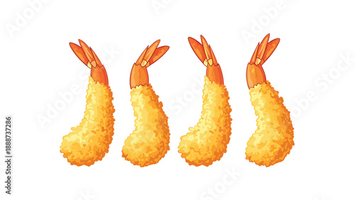 Row of four crispy golden brown tempura fried shrimps with orange tails isolated against a clean white background.
