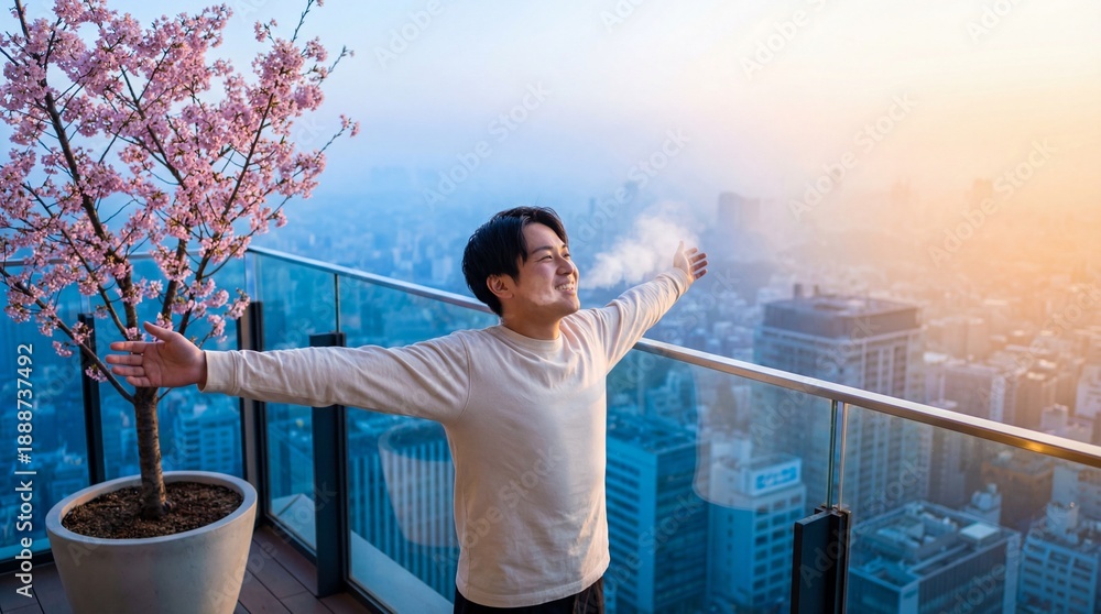 Fototapeta premium Man on Balcony with Cherry Blossoms and City View