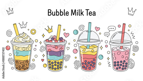 Assortment of bubble milk tea drinks in plastic cups with colorful layers and various delicious toppings.