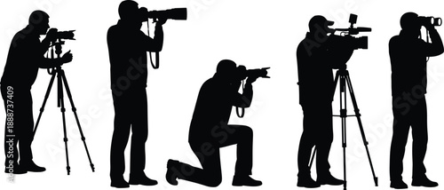 Camera operators silhouette, tripod setup, photojournalist pose, videography stance, professional filming, photography crew, flat vector illustration, isolated black figures