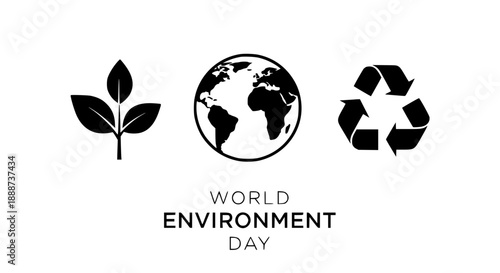 World Environment Day Celebration Featuring Global Earth Globe, Recycling Symbol, and Green Leaf Ecological Icons