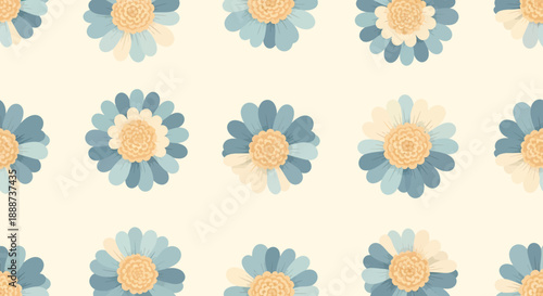 A delightful seamless pattern featuring charming blue and beige stylized flowers, perfect for spring backgrounds or decorative textile designs