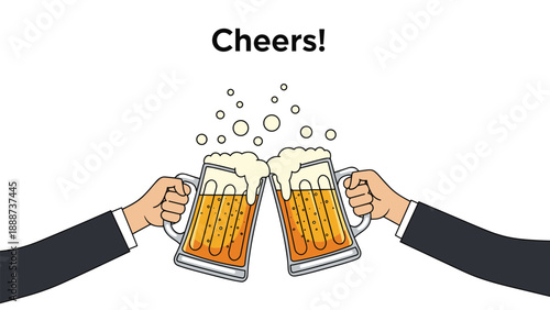 Two hands in suits clinking glass mugs of beer to celebrate a toast with Cheers text on a white background.