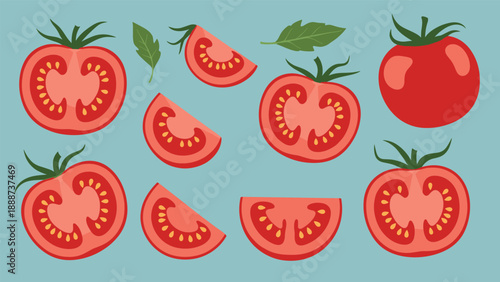 Selection of fresh whole tomatoes and tomato slices with green leaves displayed on a light blue background.