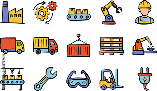 Hand-drawn cartoon style industrial icons set for manufacturing, construction, logistics; ideal for presentations, websites, apps