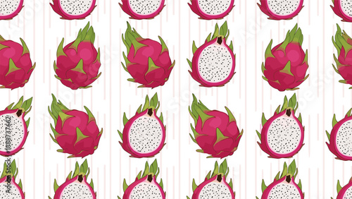 Vibrant seamless pattern of whole and halved pink dragon fruits with white flesh and black seeds.
