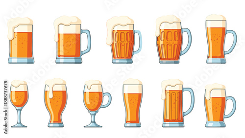 Large selection of various beer glasses and mugs filled with golden lager and thick white foam on a plain white background.