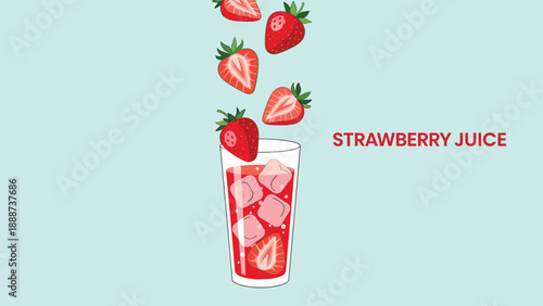 Fresh strawberry juice in a glass with ice cubes and whole berries falling into it against a clean light blue background.