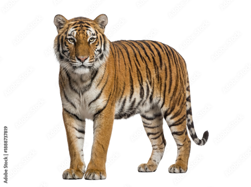 Obraz premium Bengal tiger standing, front view, isolated on transparent background (PNG)