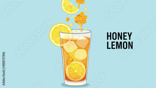 Refreshing honey lemon iced tea in a tall glass decorated with fresh citrus slices and golden honeycomb pieces falling from above.