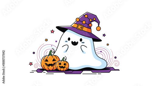 Cute white ghost wearing a purple witch hat standing next to two carved jack-o-lantern pumpkins with whimsical swirl decorations.