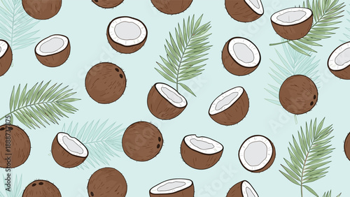 Tropical seamless pattern featuring whole and halved brown coconuts with green palm fronds scattered on a light blue background.