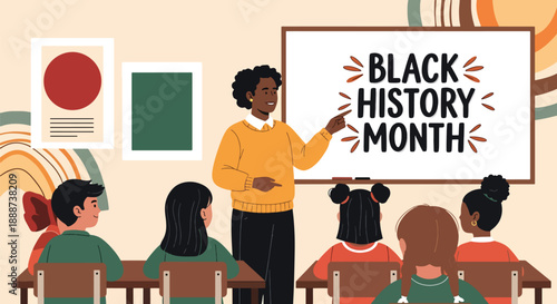 Black History Month themed classroom with a Black teacher guiding students, modern flat vector illustration promoting education, heritage, learning, and cultural pride