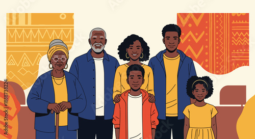 Black History Month celebration showing a diverse Black community standing together, modern flat vector illustration honoring heritage, unity, culture, and empowerment