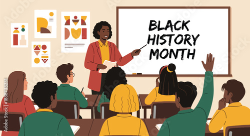 Black History Month themed classroom with a Black teacher guiding students, modern flat vector illustration promoting education, heritage, learning, and cultural pride