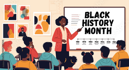 Black History Month themed classroom with a Black teacher guiding students, modern flat vector illustration promoting education, heritage, learning, and cultural pride