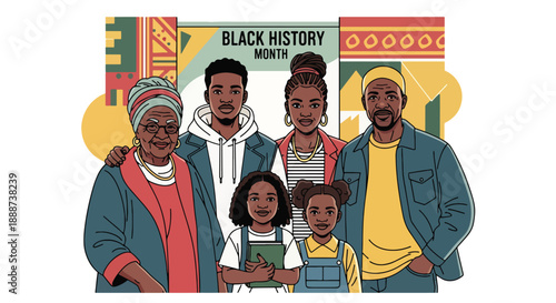 Black History Month celebration showing a diverse Black community standing together, modern flat vector illustration honoring heritage, unity, culture, and empowerment