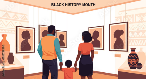 Black History Month museum visit scene in modern flat vector style, honoring African heritage through education, culture, family learning, and historical pride