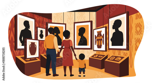 Black History Month museum visit scene in modern flat vector style, honoring African heritage through education, culture, family learning, and historical pride