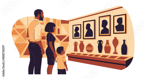 Black History Month museum visit scene in modern flat vector style, honoring African heritage through education, culture, family learning, and historical pride