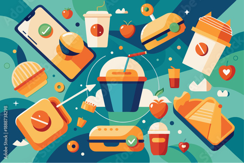 Colorful abstract illustration of fast food delivery with burgers, drinks, desserts and a mobile phone ordering system