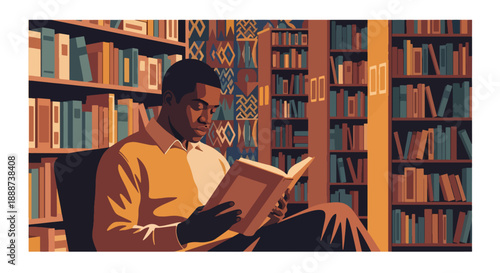 Black History Month learning scene with a Black man researching history in a library, modern flat vector honoring heritage, knowledge, and cultural pride