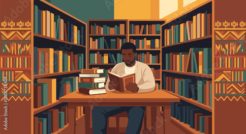 Black History Month learning scene with a Black man researching history in a library, modern flat vector honoring heritage, knowledge, and cultural pride