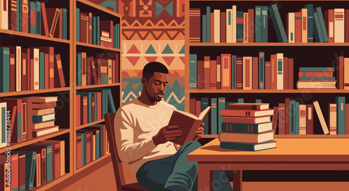 Black History Month learning scene with a Black man researching history in a library, modern flat vector honoring heritage, knowledge, and cultural pride