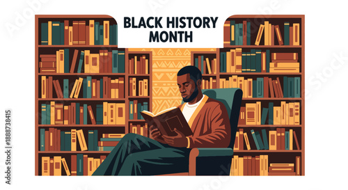 Black History Month learning scene with a Black man researching history in a library, modern flat vector honoring heritage, knowledge, and cultural pride