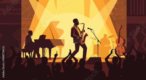 Black History Month tribute through jazz music in modern flat vector style, celebrating African American culture, creativity, and artistic legacy
