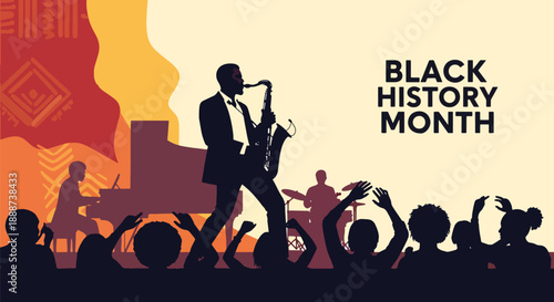 Black History Month tribute through jazz music in modern flat vector style, celebrating African American culture, creativity, and artistic legacy