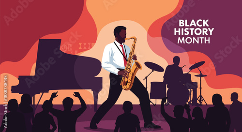 Black History Month tribute through jazz music in modern flat vector style, celebrating African American culture, creativity, and artistic legacy