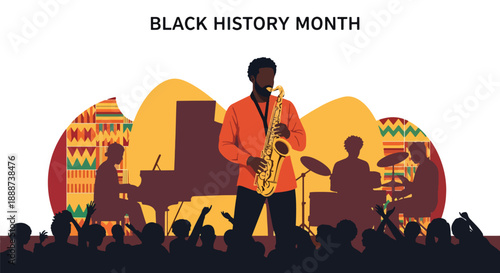 Black History Month tribute through jazz music in modern flat vector style, celebrating African American culture, creativity, and artistic legacy