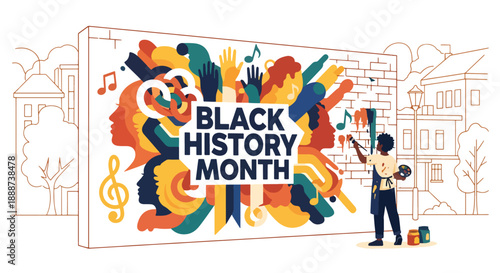 Black History Month inspired mural painting scene, modern flat vector celebrating Black creativity, heritage, identity, and community expression