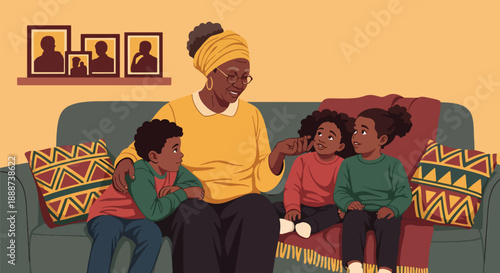 Black History Month family storytelling scene, modern flat vector honoring generational heritage, culture, wisdom, and Black identity