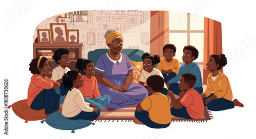 Black History Month family storytelling scene, modern flat vector honoring generational heritage, culture, wisdom, and Black identity