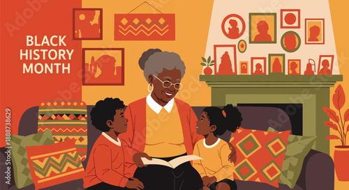 Black History Month family storytelling scene, modern flat vector honoring generational heritage, culture, wisdom, and Black identity