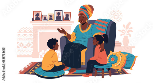 Black History Month family storytelling scene, modern flat vector honoring generational heritage, culture, wisdom, and Black identity