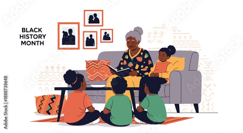 Black History Month family storytelling scene, modern flat vector honoring generational heritage, culture, wisdom, and Black identity