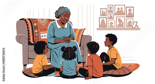 Black History Month family storytelling scene, modern flat vector honoring generational heritage, culture, wisdom, and Black identity