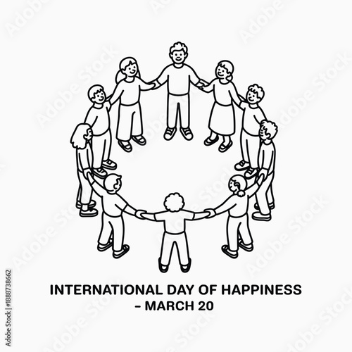 International Day of Happiness Illustration with People Holding Hands in Circle Black and White Minimal Line Art Vector