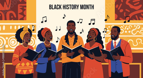 Black History Month choir performance in modern flat vector style, celebrating Black musical heritage, unity, and cultural expression