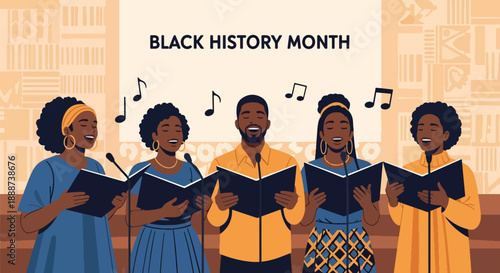Black History Month choir performance in modern flat vector style, celebrating Black musical heritage, unity, and cultural expression