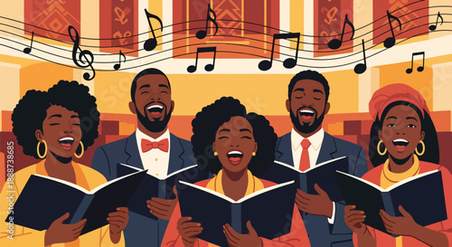 Black History Month choir performance in modern flat vector style, celebrating Black musical heritage, unity, and cultural expression