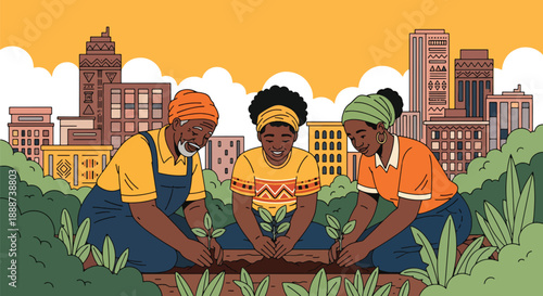 Black History Month community garden scene planting tree in modern flat vector style honoring resilience, growth, and Black environmental leadership