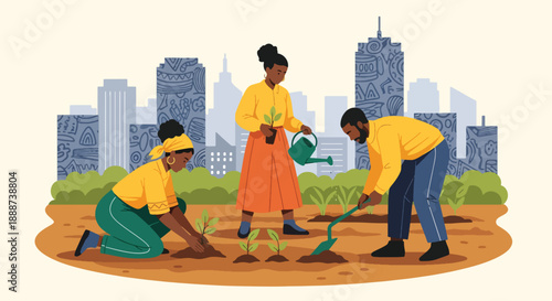 Black History Month community garden scene planting tree in modern flat vector style honoring resilience, growth, and Black environmental leadership