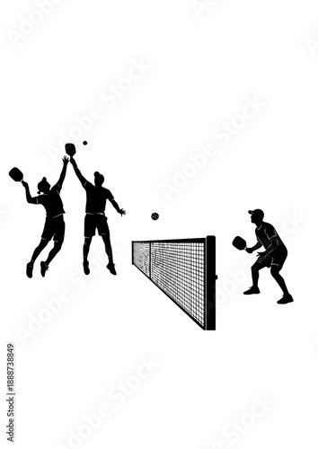 Pickleball Players at Net Silhouette, Professional Volley Action, Social Fitness Trend and Racket Sport Competition Vector Art