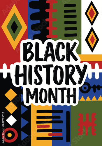 Black History Month poster with bold typography and African-inspired patterns, modern flat vector honoring Black culture, identity, and historical legacy