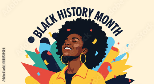 Black History Month poster showing a confident Black woman with festive shapes, modern flat vector celebrating empowerment, pride, and African heritage