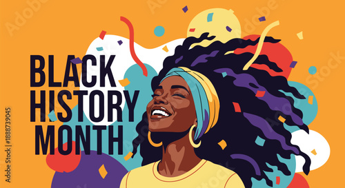 Black History Month poster showing a confident Black woman with festive shapes, modern flat vector celebrating empowerment, pride, and African heritage